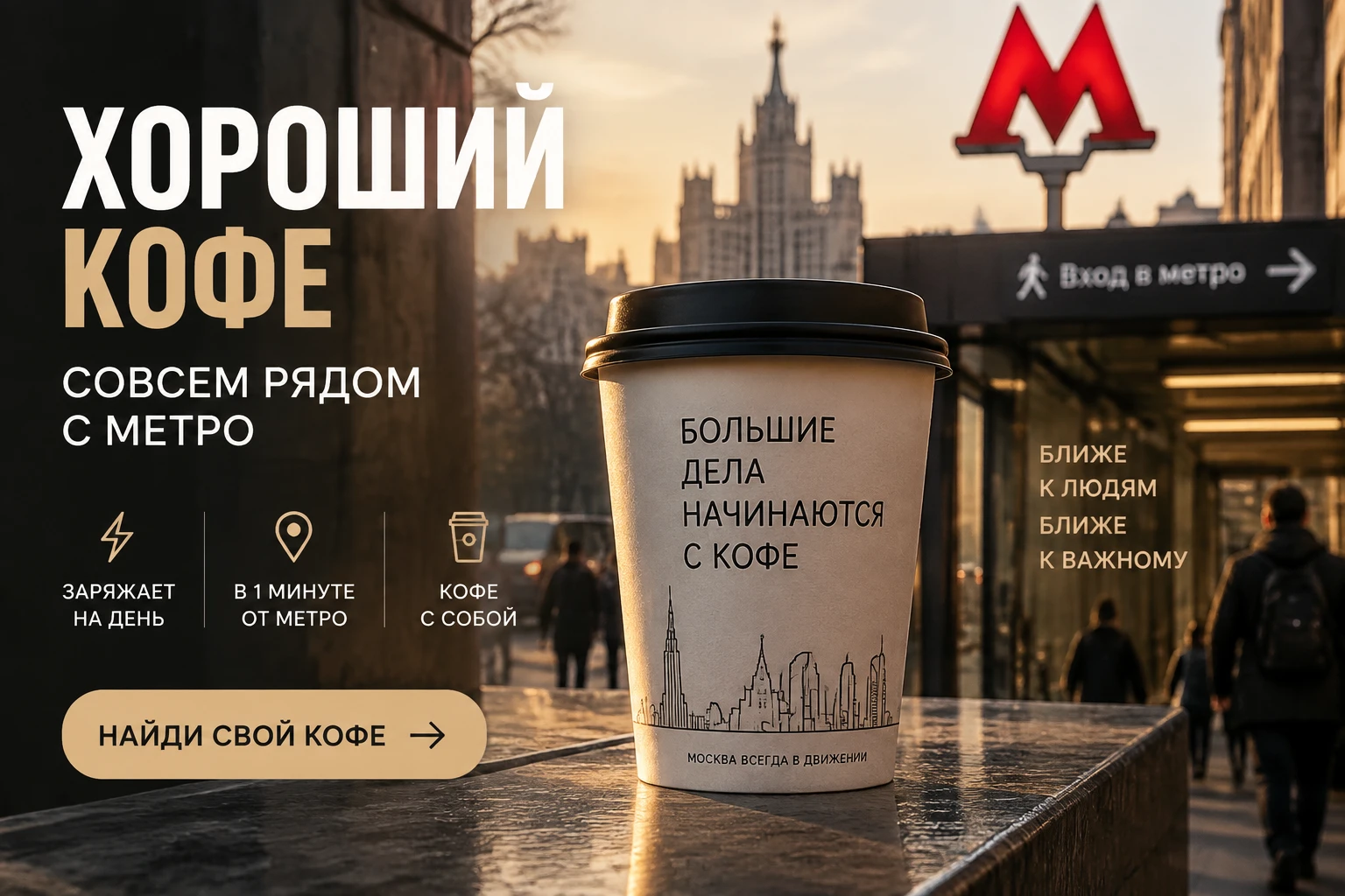 Баннер кофейни: «Хороший кофе совсем рядом с метро»